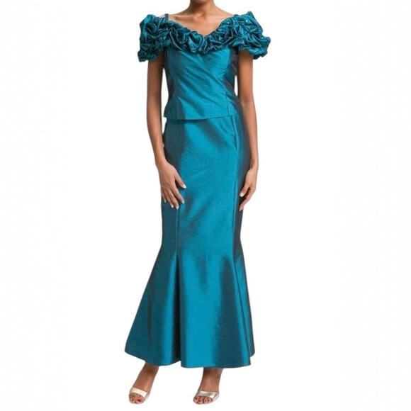Daymor Couture Size 10 Ruffle Teal Metallic Gown Off The Shoulder Long Formal - Picture 1 of 10